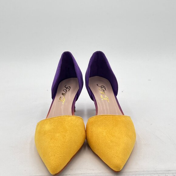 FOWT Yellow And Purple Pointed Toe Kitten Heel Two Toned D'Orsay Dress Pumps - Picture 2 of 7